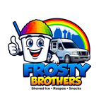 Frosty Brothers Transparent logo with smiling shaved ice mascot, ice cream truck, San Antonio skyline, and a rainbow in the background.