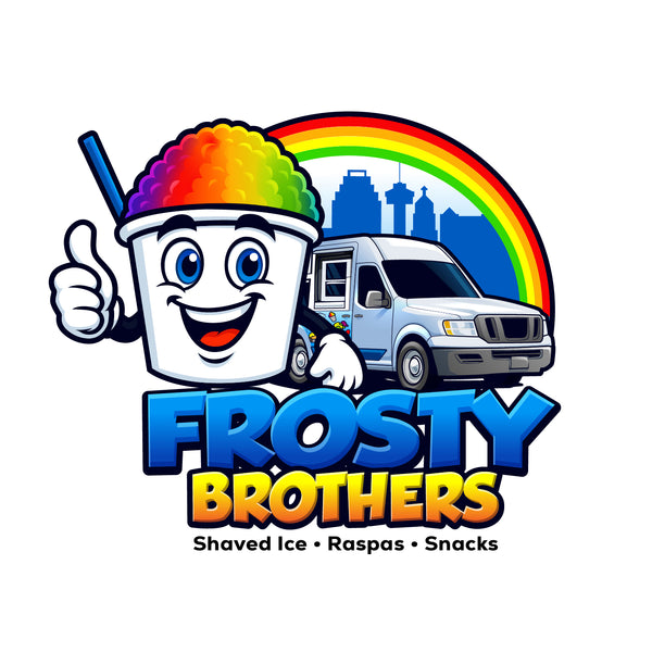 Frosty Brothers logo with smiling shaved ice mascot, ice cream truck, San Antonio skyline, and a rainbow in the background.
