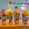 Assorted fresh fruit cups filled with watermelon, cantaloupe, cucumber, pineapple, strawberries, and mango prepared fresh daily at Frosty Brothers.