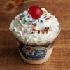 Classic vanilla ice cream sundae topped with chocolate syrup, whipped cream, rainbow sprinkles, and a cherry, freshly made at Frosty Brothers Shaved Ice & Snacks in San Antonio, Texas.