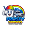Frosty Brothers Transparent logo with smiling shaved ice mascot, ice cream truck, San Antonio skyline, and a rainbow in the background.