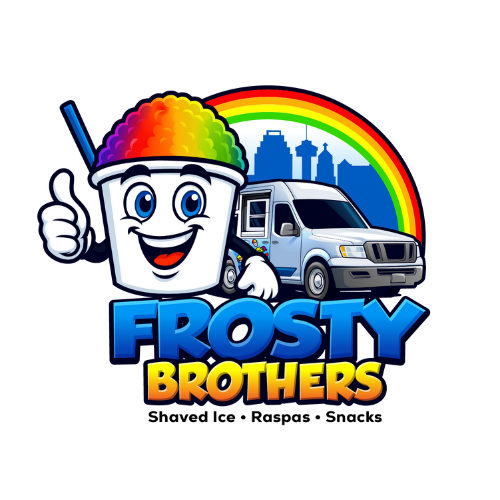Frosty Brothers Transparent logo with smiling shaved ice mascot, ice cream truck, San Antonio skyline, and a rainbow in the background.