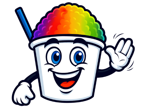 Frosty Shaved ice cartoon with rainbow scoop and blue straw on a white background