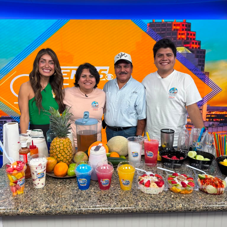 The Frosty Brothers family featured on  Great Day San Antonio interview showcasing fresh fruit cups, mangonadas, shaved ice, aguas frescas, snacks, and Mexican-inspired treats while sharing their family-owned business story.