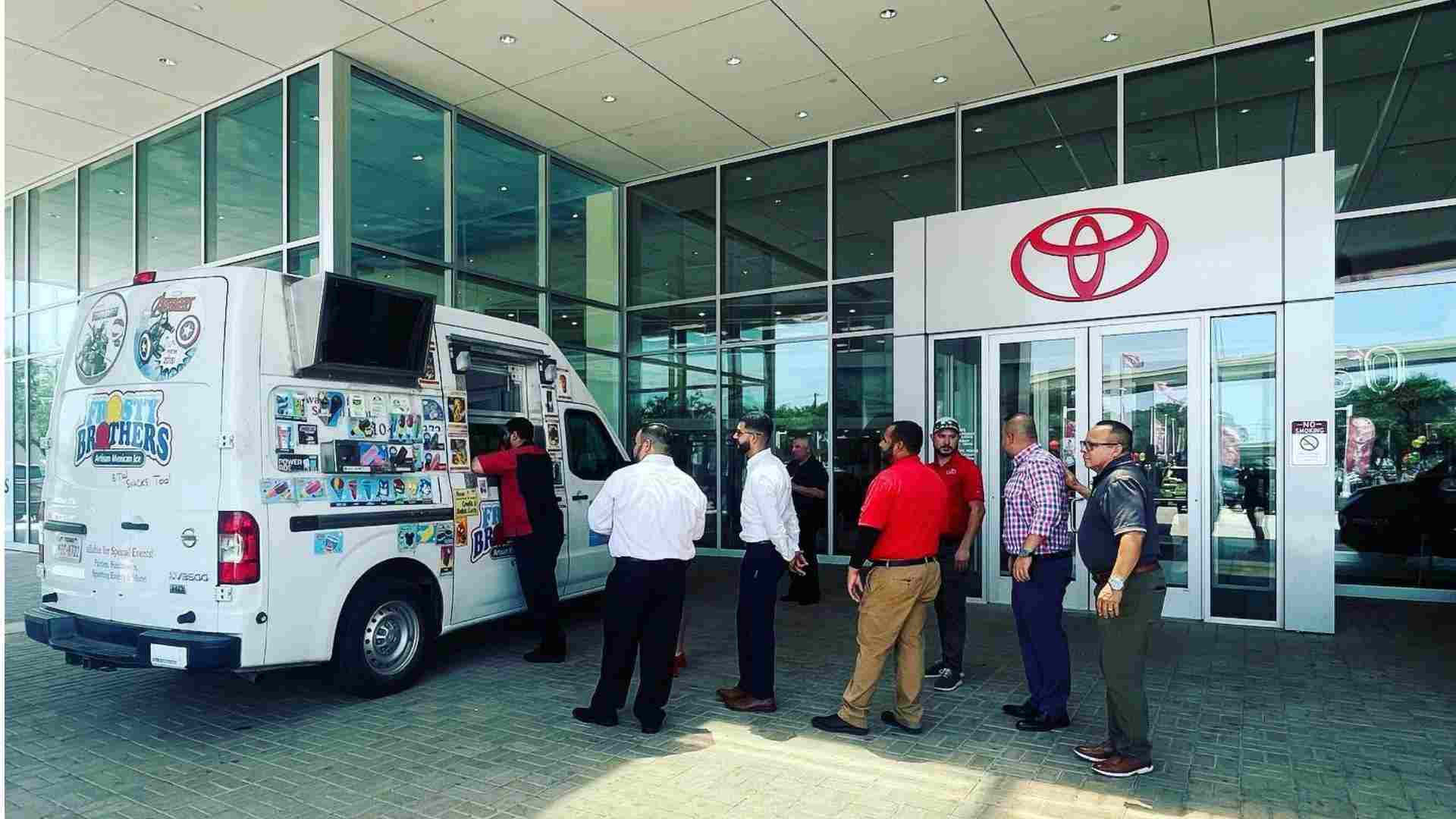Toyota employees in San Antonio enjoy Frosty Brothers ice cream truck during a corporate appreciation event.