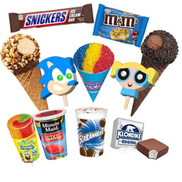 Assorted ice cream novelties including Snickers bar, Klondike, cartoon pops, cones, and frozen treats.